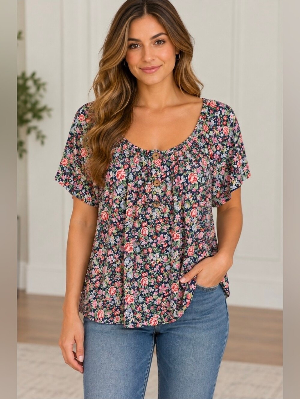Lavish Floral Scoop Neck Short Sleeve Top - Black with Pink & Green